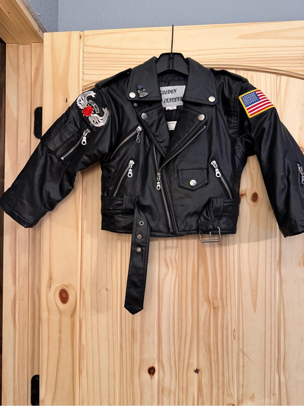 Kids' Golden Leather Moto Jacket with Patches
